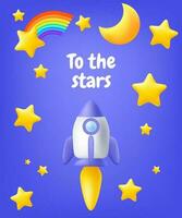 3D vector illustration of a cute cartoon astronaut flying a spaceship through the galaxy with colorful stars, a rainbow, and a comet in the background. Perfect for children's designs for birthday