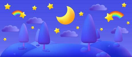 3d dibujos animados vector ilustración de un estrellado noche cielo con un brillante luna, nubes y disparo estrella con arco iris rastro. paisaje azul prado. bueno noche tarjeta o antecedentes para dulce Sueños diseños