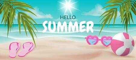 un vector ilustración de un playa escena con un juguete pelota, corazón conformado Gafas de sol, y un par de dar la vuelta fracasos Perfecto para tarjetas, carteles, pancartas, y otro diseños ideal para vacaciones, verano vacaciones