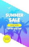 Summer sale banner design features a tropical beach landscape with palm trees, blue sky, and a sunset. The template includes a Shop Now button, zig zag geometry pattern, and typographic text vector