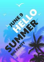 Creative typography design for summer party. Use for banners, posters, invitations, and more. Includes palm trees silhouette, sea, and seagulls elements with customizable text. Blue background vector