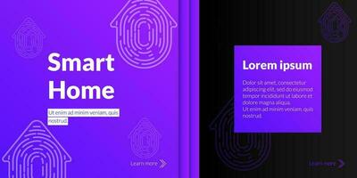 Purple futuristic banner. Latest technology in fingerprint security and smart home systems. Modern electronic automation and access control, icon of house with fingerprint. For web and print flyers vector