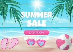 Blue banner vector illustration featuring a palm tree, beach ball, heart sunglasses, and sun with a pink Shop Now sale offer button on a white frame against a ocean blue background. For advertising