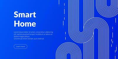 Linear white lines forming a smart home themed banner with fingerprint security and technology network motifs symbolizing technological automation concepts in an abstract digital blue background vector