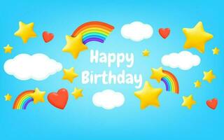 3D vector illustration of a colorful happy birthday banner with cute cartoon elements such as clouds, hearts, stars, and a rainbow on a pastel blue background. Perfect for birthday invitations, cards.