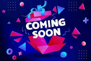 Modern 3D Vector Illustration of a Blue Scene for New Arrival Announcement, Coming Soon Poster Template, Neon Lights and Open Gift Box with Ribbon Bow. Surprise Present opening. Geometric background