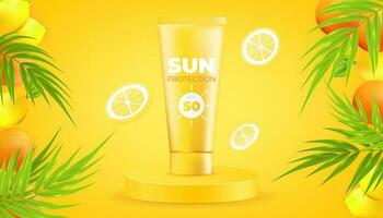 Vector illustration of juicy citrus, exotic leaves and palm trees on a yellow background, and a sunscreen tube on a pedestal. Hydrating and moisturizing lotion for summer tanning, with UV protect