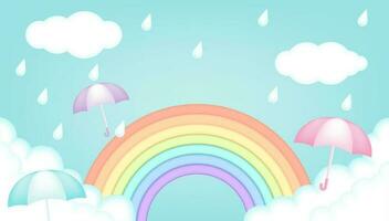 brillante y vistoso niños vector 3d ilustración de un lluvioso día con un nubes, arcoíris, gotas de lluvia, paraguas para publicidad, clima pancartas, cupones, volantes, carteles, promociones y monzón temporada