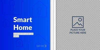 Blue futuristic banner depicting a fingerprint security system, electronic smart home technology, digital network security. Place for picture. Icon of the house with lock. Technology background vector