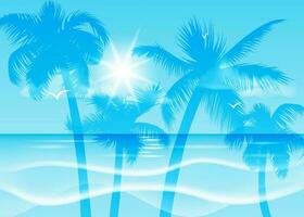 un vector ilustración de un hermosa tropical playa con palma arboles y un amanecer, Perfecto para verano antecedentes, pancartas, volantes, carteles, y más. ideal para verano vacaciones, exótico viajes