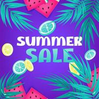 Vector illustration of sliced juicy summer fruits like watermelon, lemon and lime drops on tropical foliage background for shop sale signs, banners, poster templates, social media posts