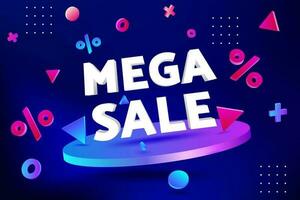 Mega Sale, Modern 3D Vector Illustration of a Neon Cylinder Pedestal Platform Showcase Scene for Business Promotion, Flyer Template, Offers and Sales. Abstract geometry design background