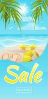 Big blue sale banner with palm leaves, sand, beach ball and sunglasses for special offers, holiday discounts and summer promotions in shops or online. Tropic beach landscape illustration with ocean vector