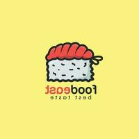 Sushi Illustration With Premium Vector Design. Plate With A Fork,  And Fried Eggs.  A Yellow Background With A Logo For Sushi And A Roll Of Rice.