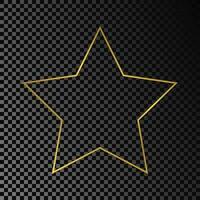 Gold glowing star shape frame isolated on dark background. Shiny frame with glowing effects. Vector illustration.