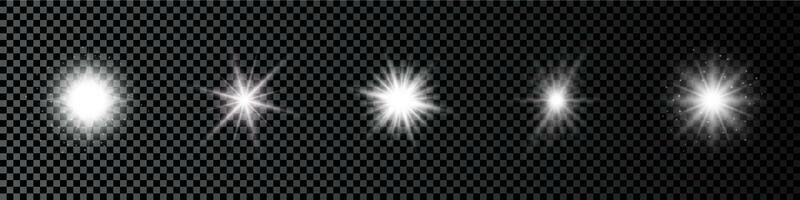 Light effect of lens flares. Set of five white glowing lights starburst effects with sparkles