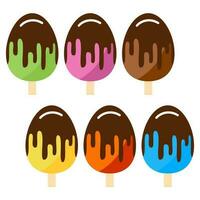 Set of colorful ice cream with chocolate. Creamy ice cream on a wooden stick vector