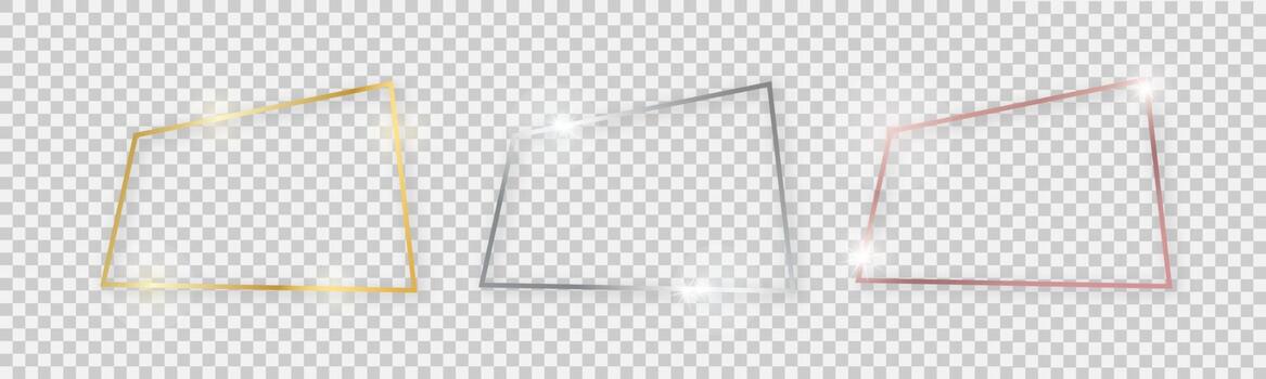 Shiny frames with glowing effects. Set of three gold, silver and rose gold frames with shadows on background. Vector illustration