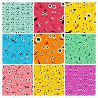 Cartoon faces with emotions. Set of nine seamless patterns with different emoticons. Vector illustration