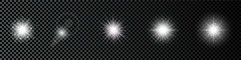 Light effect of lens flares. Set of five white glowing lights starburst effects with sparkles on a dark background. Vector illustration