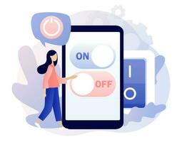 On Off button on smartphone screen. Tiny woman press switch. Characters turning off and turning on devices. Save energy concept. Modern flat cartoon style. Vector illustration on white background