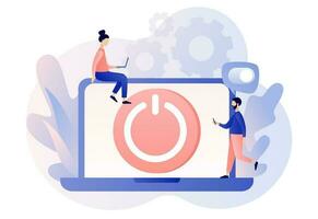 On Off button on laptop screen. Tiny people press switch. Characters turning off and turning on devices. Save energy concept. Modern flat cartoon style. Vector illustration on white background