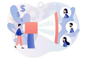 Referral program strategy. Refer a friend concept. Social media marketing. Network marketing. Business partnership. Modern flat cartoon style. Vector illustration on white background