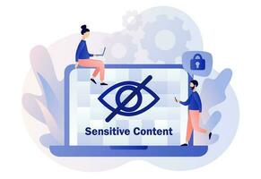 Sensitive content concept. Eye crossed sign on laptop screen. Explicit content in social media, website, photos, pictures and video. Hide view. Modern flat cartoon style. Vector illustration