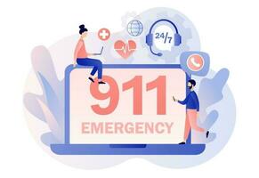 911 emergencia llamada en web sitio. ambulancia servicio. asistente gerente en línea. línea directa llamada centro. moderno plano dibujos animados estilo. vector ilustración en blanco antecedentes