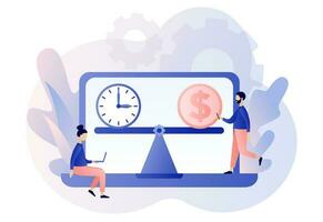 Time is money. Business concept. Time management online. Money and time balance on scale weighing. Modern flat cartoon style. Vector illustration on white background