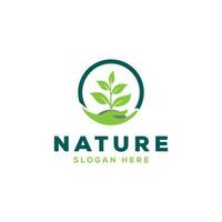 Human hands and tree with green leaves logo. Plant logo vector