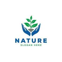 Hand and leaf concept vector logo template. Nature care logo design