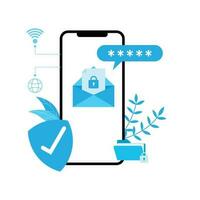 cyber security illustration on smartphone flat design blue color protected password and personal information on internet vector