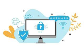 cyber security illustration with computer monitor shield and internet connection safety for internet vector