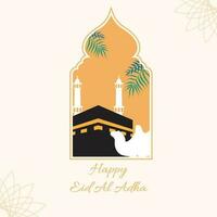 Eid al Adha Greeting Card Vector simple design with kabah makah and camel inside the ornamental arabic frame