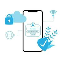 cyber security illustration on smartphone flat design blue color protected password and personal information on internet vector