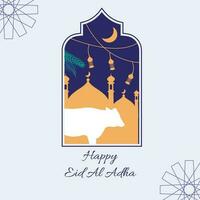 Eid al Adha Greeting Card Vector simple design with mosque in the night and cow inside the ornamental arabic frame