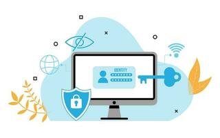 cyber security illustration with computer monitor shield and internet connection safety for internet vector