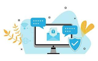 cyber security illustration with computer monitor shield and internet connection safety for internet vector