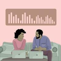 vector a man and a woman discuss using laptops sitting on sofa flat design