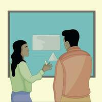 vector man and woman discuss using digital board flat design