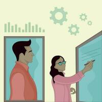 vector a woman writing on a board while a man looking on it flat design