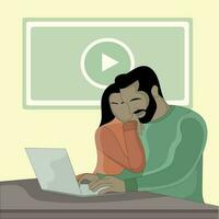 vector a couple using a laptop computer flat