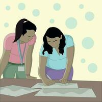 vector two girls look at papers and write on it flat design