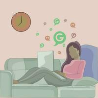 vector a girl social media using laptop on sofa flat design