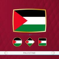 Set of Palestine flags with gold frame for use at sporting events on a burgundy abstract background. vector