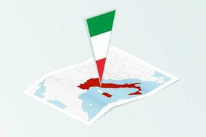 Isometric paper map of Italy with triangular flag of Italy in isometric style. Map on topographic background. vector