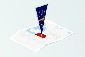 Isometric paper map of Indiana with triangular flag of Indiana in isometric style. Map on topographic background. vector