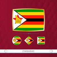 Set of Zimbabwe flags with gold frame for use at sporting events on a burgundy abstract background. vector