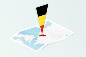 Isometric paper map of Belgium with triangular flag of Belgium in isometric style. Map on topographic background. vector